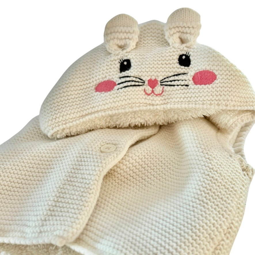 Waikiki Button Front Ecru Knit Vest with Fleece Lining & Sweet Embroidered Kitten Face 9-12 m