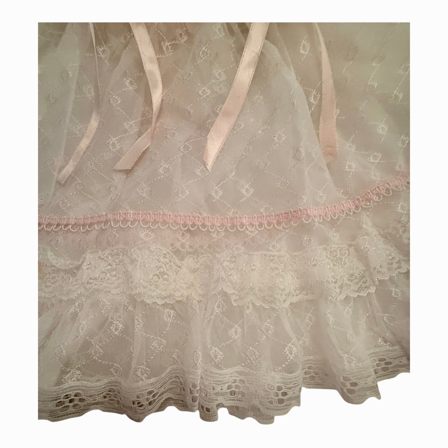 Dainty Vintage Sheer Lace Baby Dress with Pink Satin Ribbons Rosettes