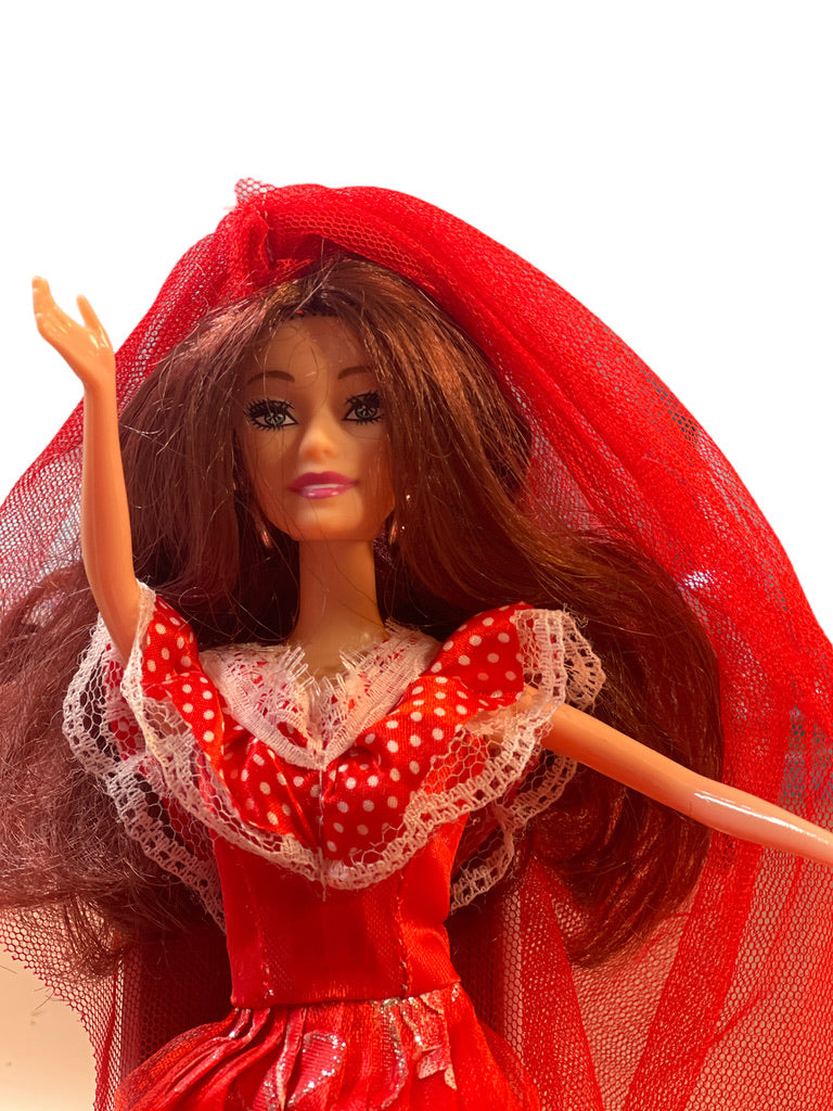 Beautiful Brunette Fashion Doll in Red Floral Sparkle Dress,Tulle Veil &Hoop Earrings