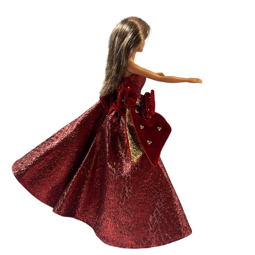 Glamorous Holiday Barbie, Red Shimmer Dress, Velvet Bow with GoldSnowflake Appliques EUC