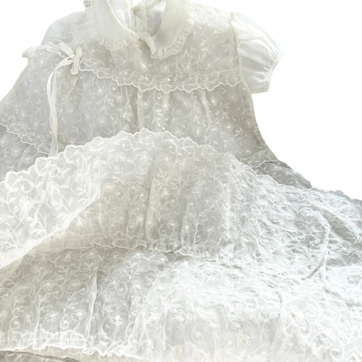 Exquisite Vintage Sheer Lace Christening Gown, Lace Rimmed Tiers, Satin Ribbon & Vintage Snaps
