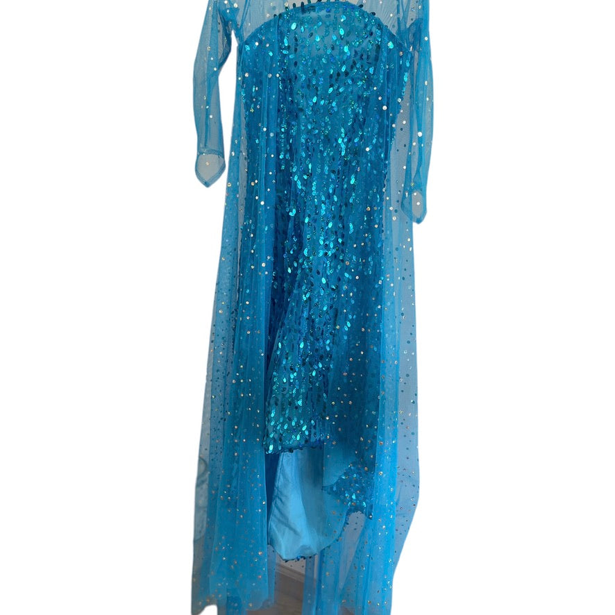 Frozen Turquoise Sequinned Elsa Fancy Dress with Sparkly Mesh Sleeves and Train EUC