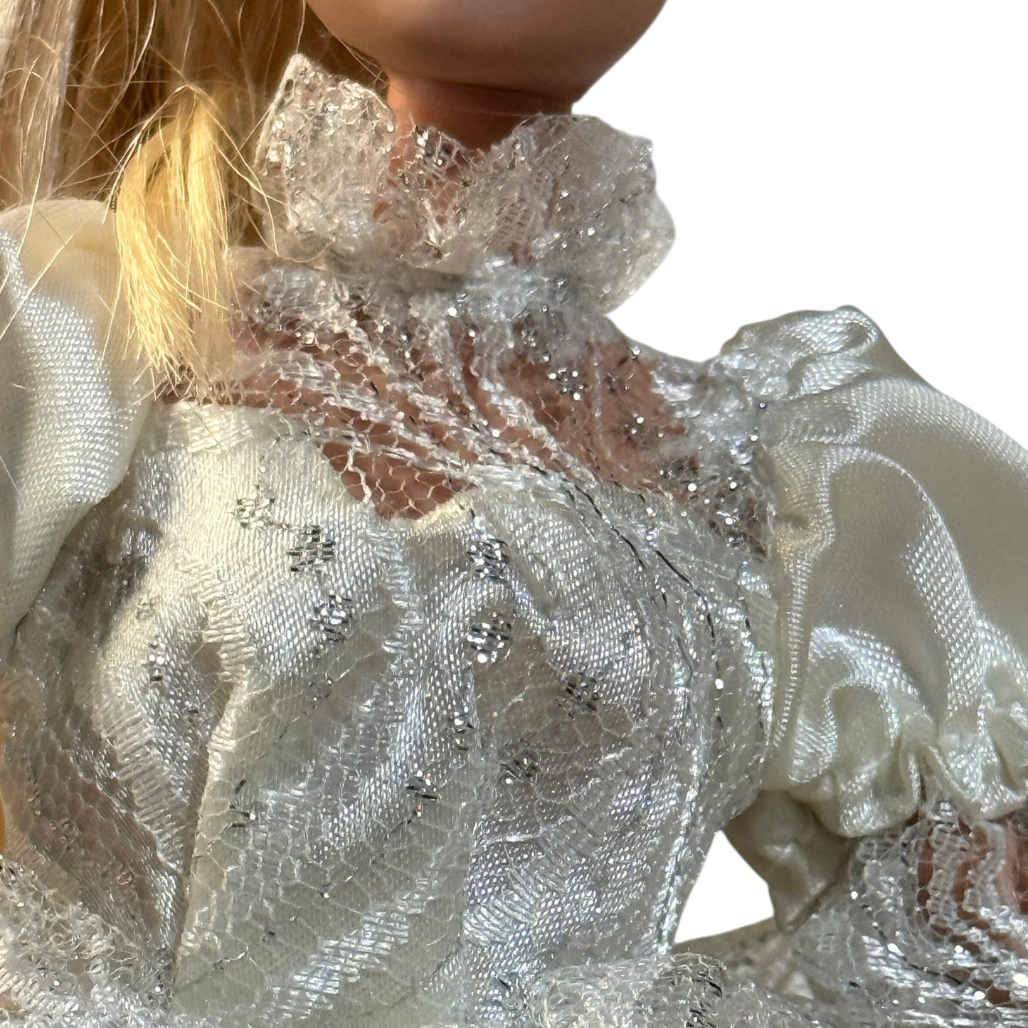 Blond, Blue Eyed Barbie Doll in a Shimmery Vintage White Lace Ball / Bridal Gown in GUC