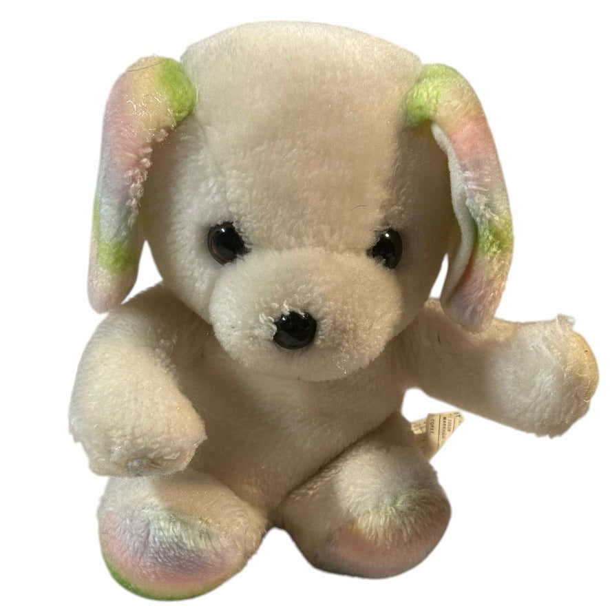 Sweet Vintage Puppy, Cream with Black Eyes and Nose, Pretty Pastel Rainbow Ears & Feet