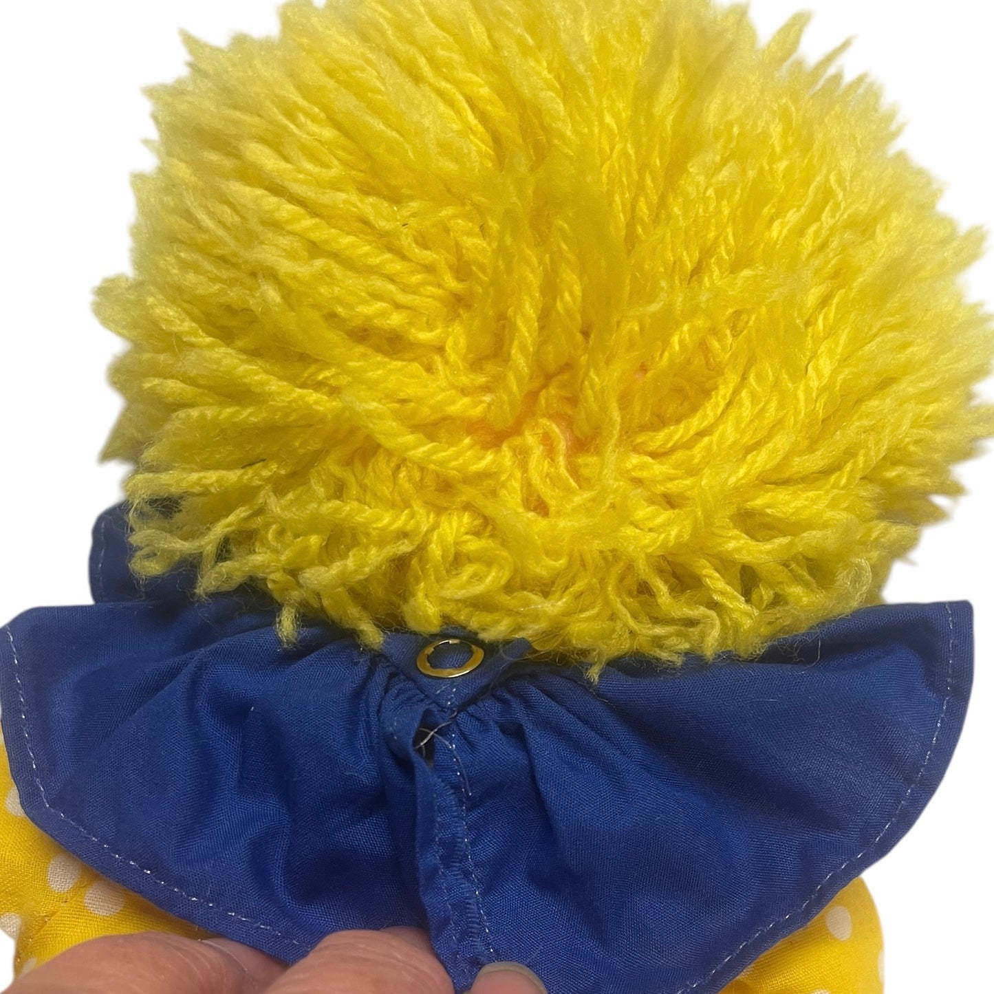 Handmade Vintage Plush Clown, Doll, Yellow Yarn Hair & Polka Dot Body with Navy Accents GUC