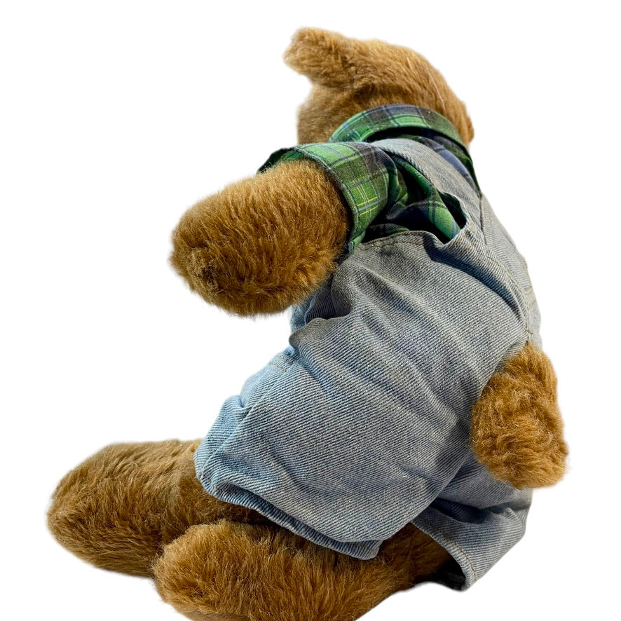 Cuddly 15" Bear Works Teddy in John Deere Coveralls & Green Plaid Shirt