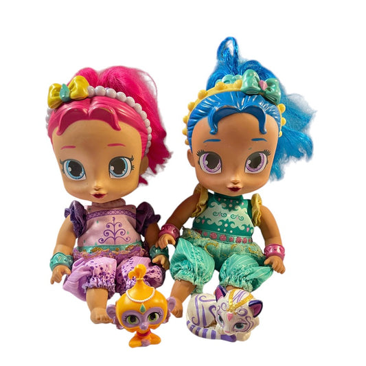 Shimmer & Shine! 2 11" Genie Dolls in Shimmery, Shiny Outfits  with their Animal Friends in EUC