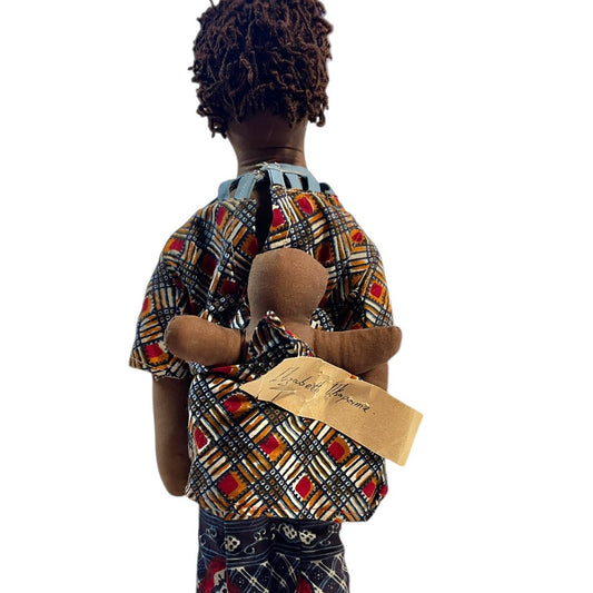 Handmade African Folk Art Mama & Baby Doll in Traditional Print Dress and Baby Wrap/Signature