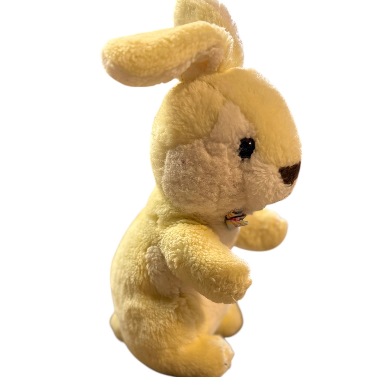 Vintage Yellow & White Standing Rabbit Stuffed Animal Plush, Upright Ears, Plaid Bowtie GVC