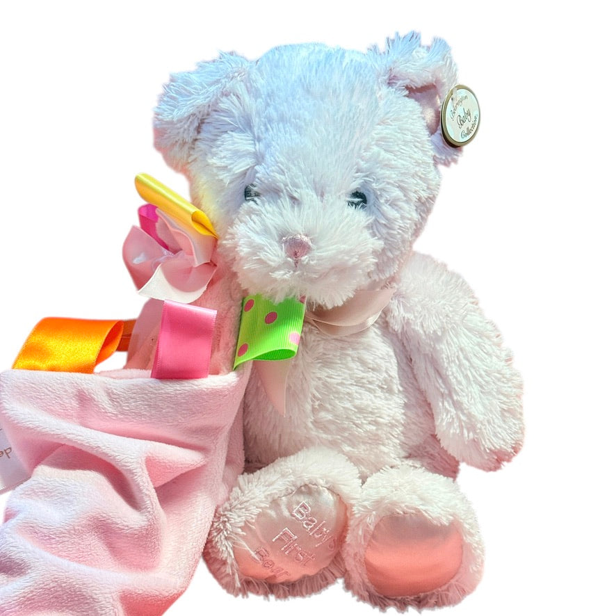 Bearington Baby's First Bear & Ribbon Tag Lovey, Shaggy Pink, Satin Accents, Stitched Features,