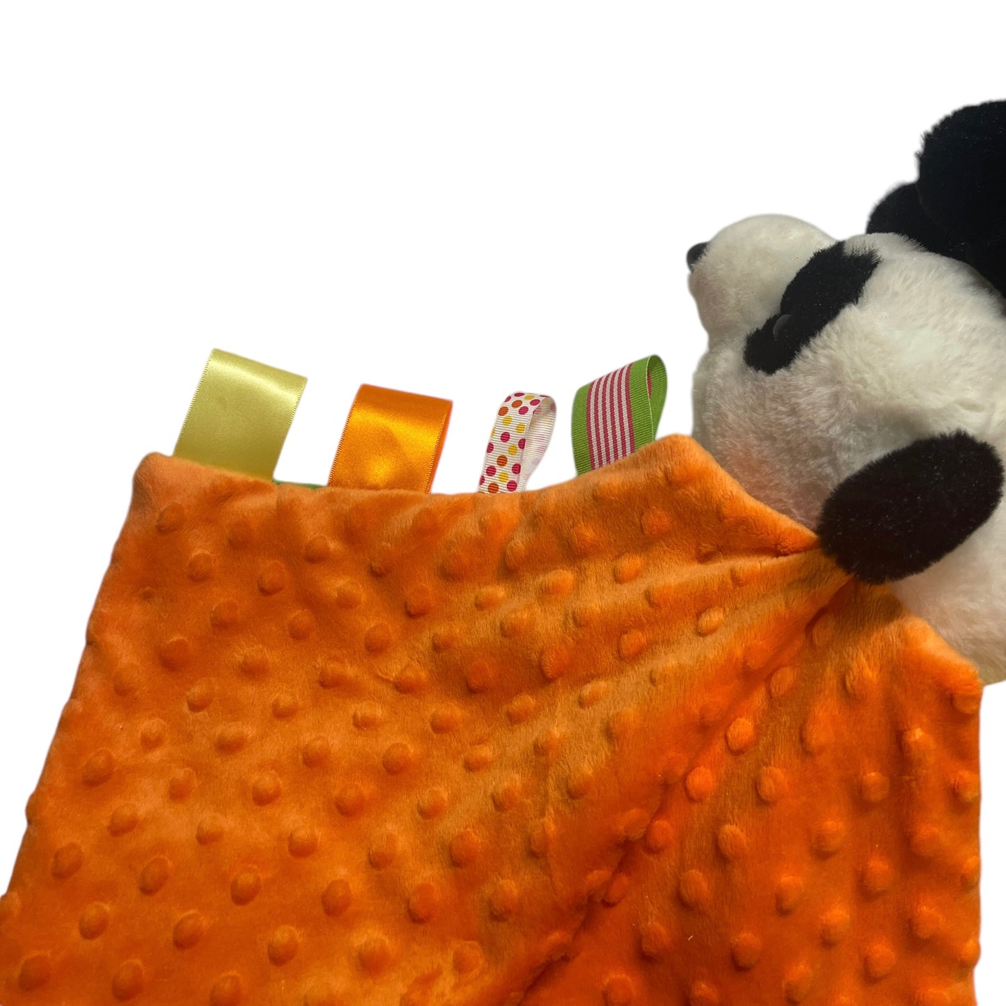 Panda & Lovey Combo 11.5" 'Ping', from the Calgary Zoo and 10x12" Orange/Lime Minky Tag Blanket