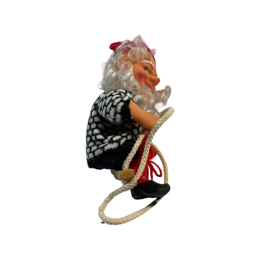 Rubber Faced Vintage Swedish Christmas Elf on a Swing, Flowing White Beard, Gap Toothed Grin