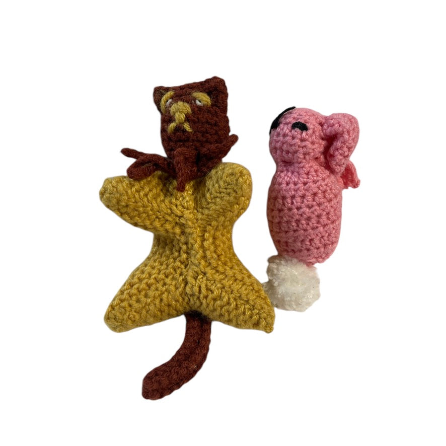 Derpy Hand Knit Gold & Brown Kitty Cat and Pink Knit Bunny with a White Fluffy Tail