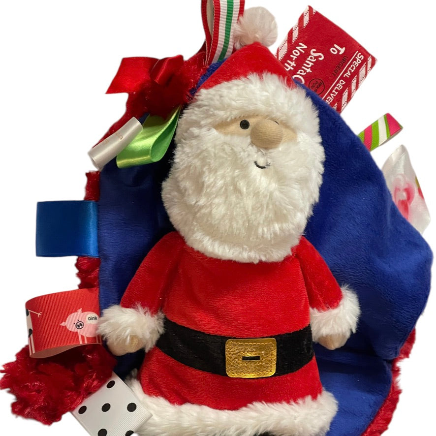 Santa Lovey Stuffed Toy & Handmade  Minky Ribbon Tag Blanket for Sleep/ Security & Sensory Play