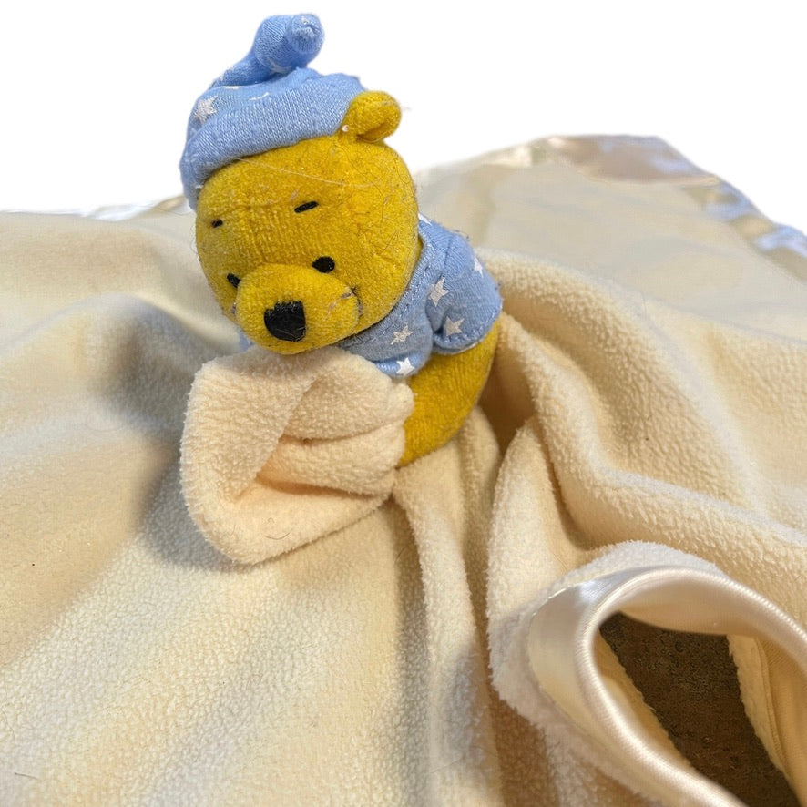 Disney Winnie the Pooh Security Lovey Blanket Yellow Satin Edged with Blue Teether