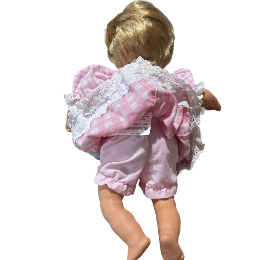 Blond Blue Eyed Baby Doll, Vinyl  with Cloth Body Sweetly  Dressed  in Pink Gingham