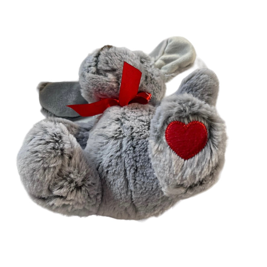 Frosted Grey Sitting Puppy Dog Red Heart & Valentine Bow 7" Button Eyes