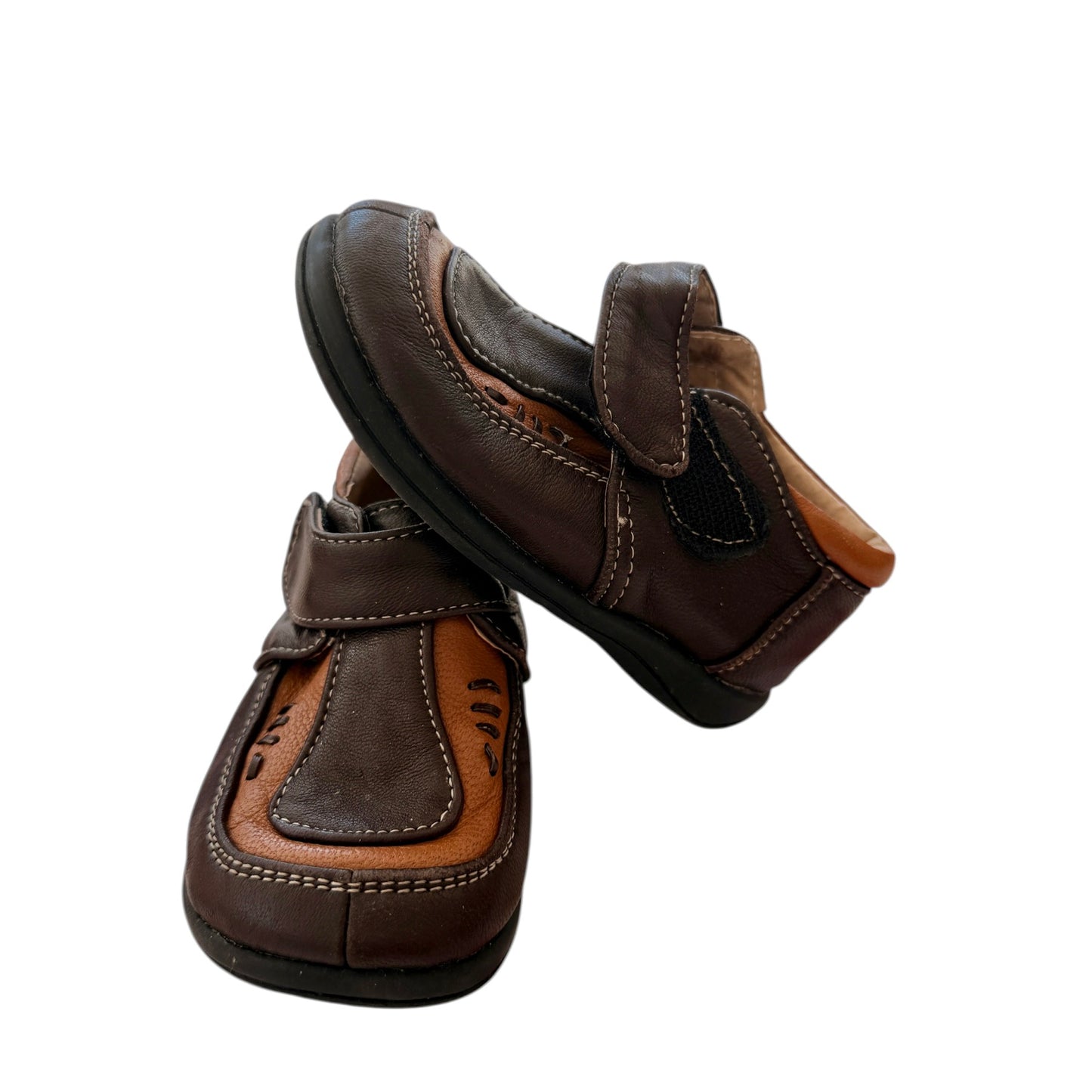 Leather Size 7 Shoes, Cognac & Chocolate Brown with Decorative Stitching Hook & Loop Closure