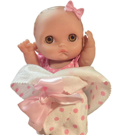 9" Berenguer Posable Pouting L'il Cutie Vinyl Baby Doll, Vinyl Bow & Sweet Ladybug Romper EUC