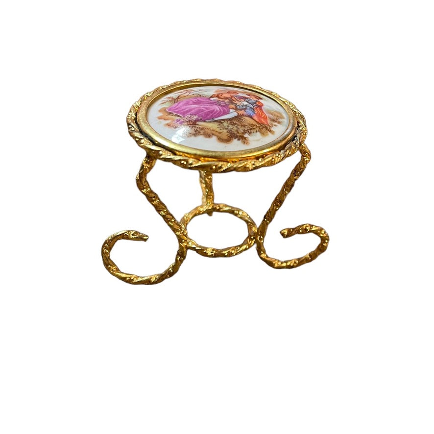 Miniature Hand Painted Limoges Gilt & Porcelain Replacement Table with Courting Couple.