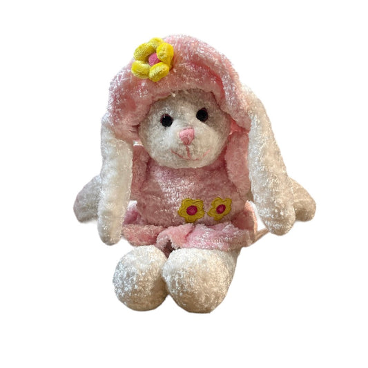 Pink & White Crushed Velvety Plush Easter Bunny Stuffed Animal Toy in EUC