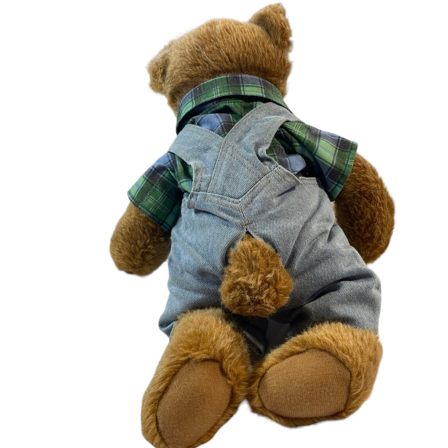 Cuddly 15" Bear Works Teddy in John Deere Coveralls & Green Plaid Shirt