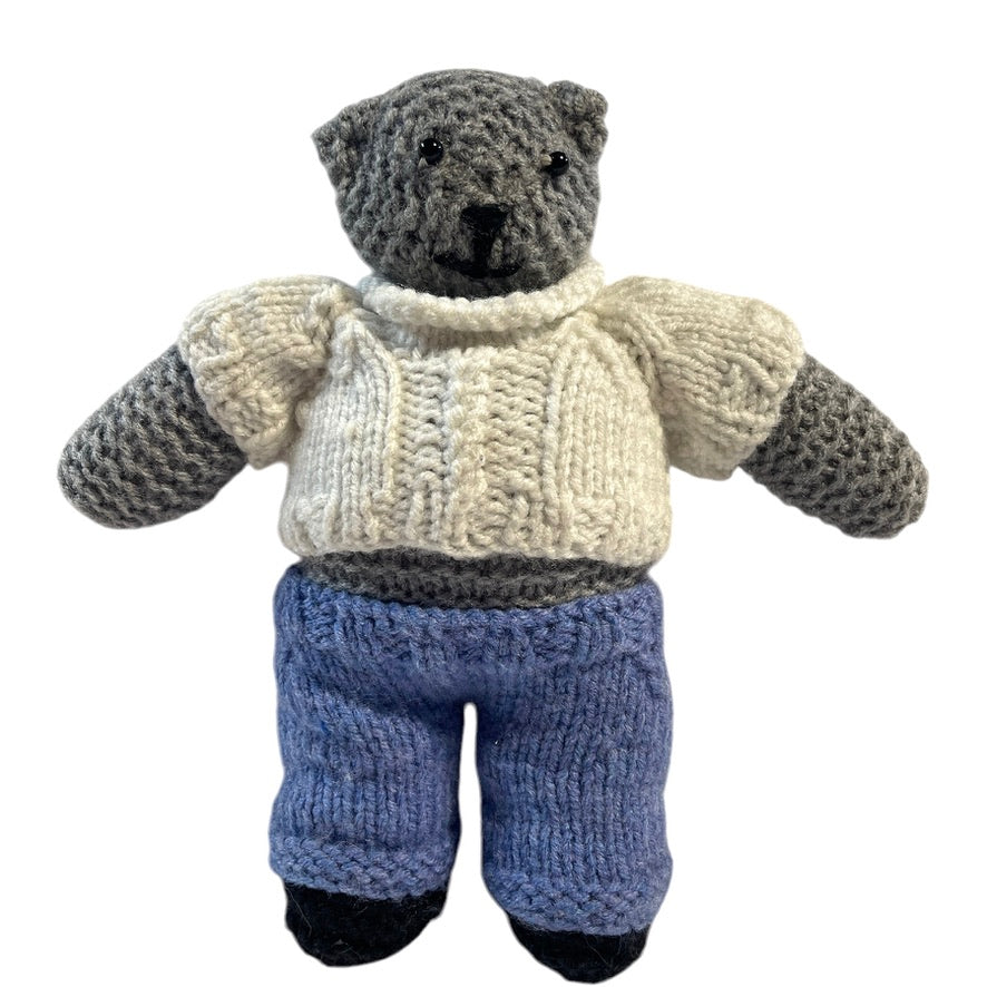 Hand Knitted/Crocheted Overstuffed 9.5" Grey Bear in Cream Knit Sweater and Blue Knit 'Jeans'