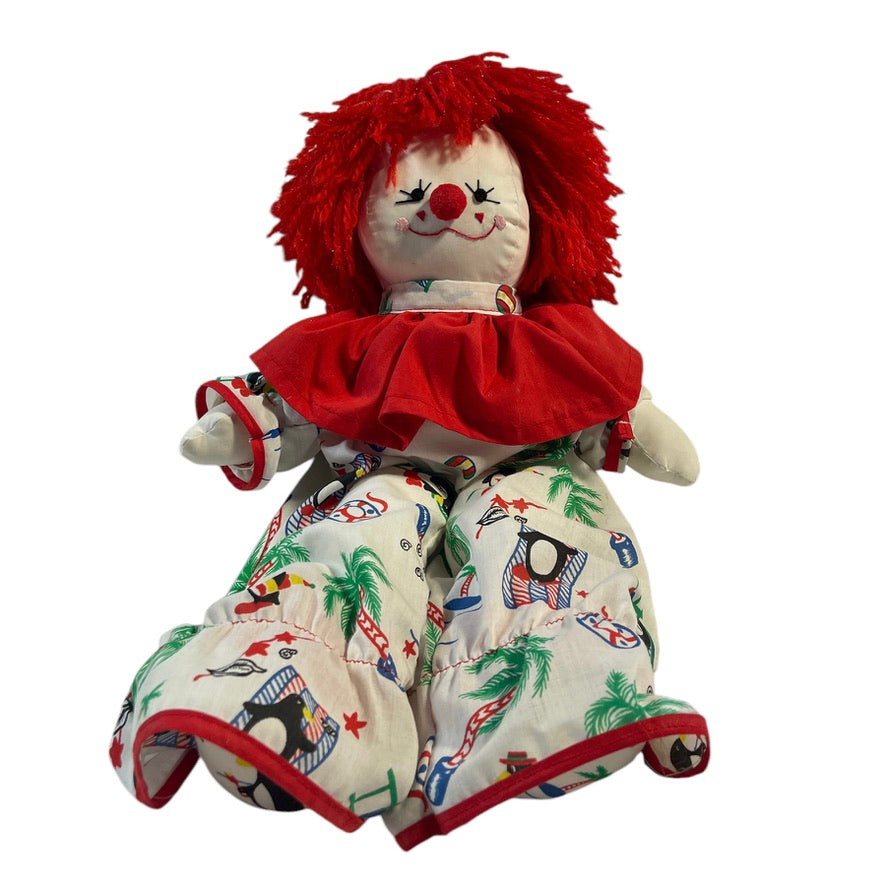 Vintage Clown, Red Yarn Hair & Detailed Embroidered Face, Print Suit with Red Ruffle 17" GUC