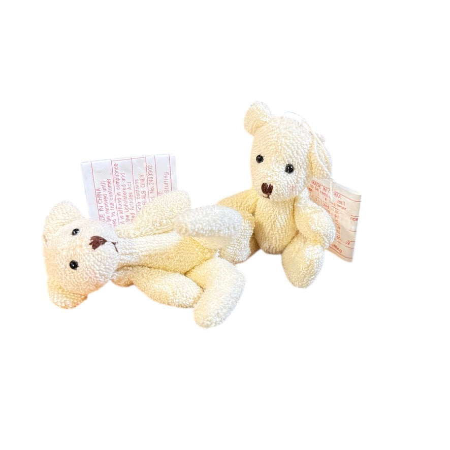 Tiny Jointed Teddy Bears, White Terry Towel with Stitched Nose & Mouth and Black Bead Eyes