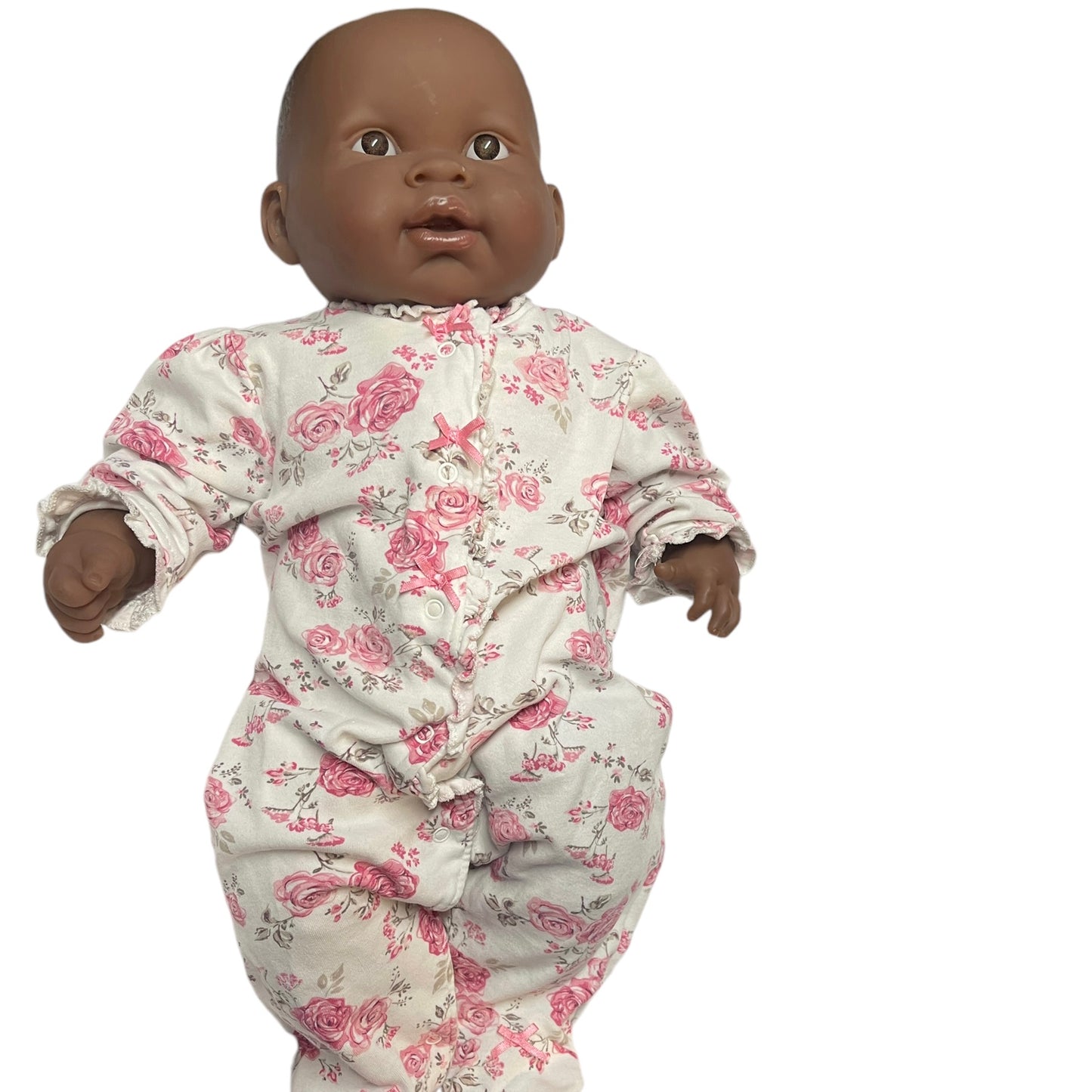 Berenguer African 20" Soft Bodied Baby Doll, Lace Bonnet, Sweet Little Me Floral Sleeper 6M