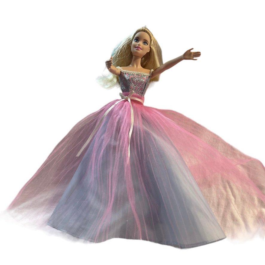 Barbie Birthday Wishes in Beautiful Pearl Trimmed Tulle & Brocade Gown, Blonde Blue Eyes