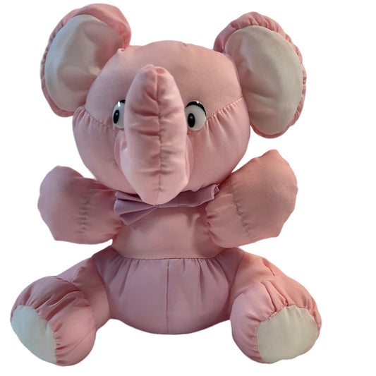 Pink Nylon Elephant, Raised Trunk,Vintage Parachute Fabric, Shiny Plastic Eyes and Pink Bow Tie