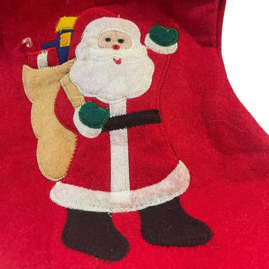 Red Felt Christmas Stocking with a Detailed Santa & Toy Bag Applique & Red Felt Bow