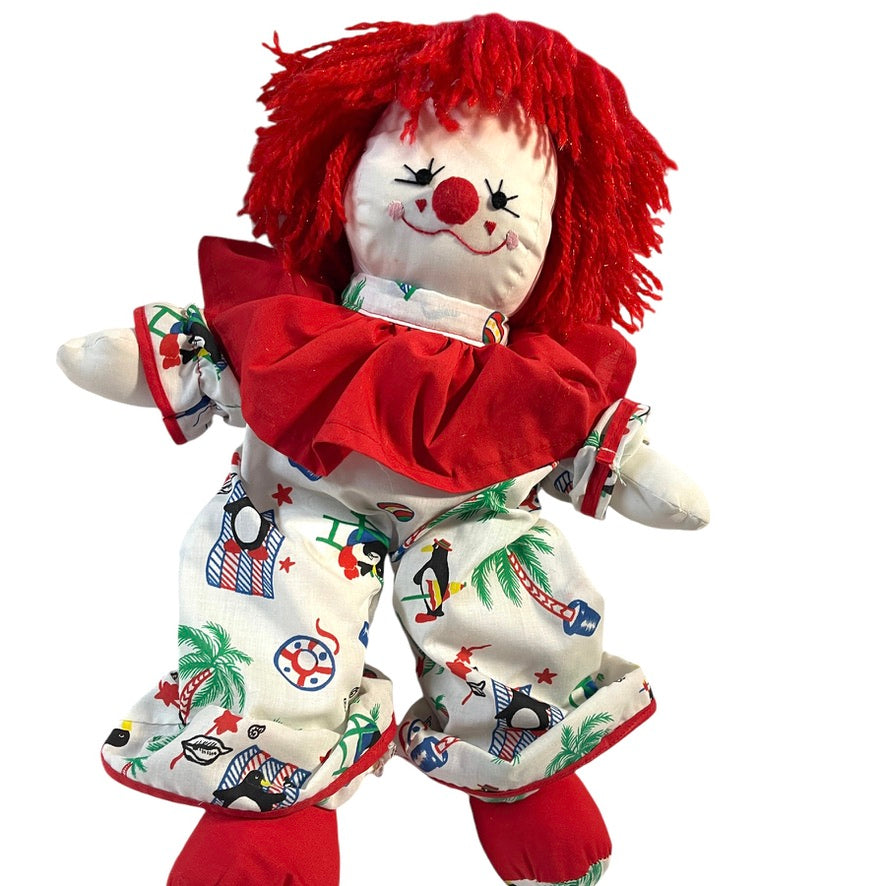 Vintage Clown, Red Yarn Hair & Detailed Embroidered Face, Print Suit with Red Ruffle 17" GUC