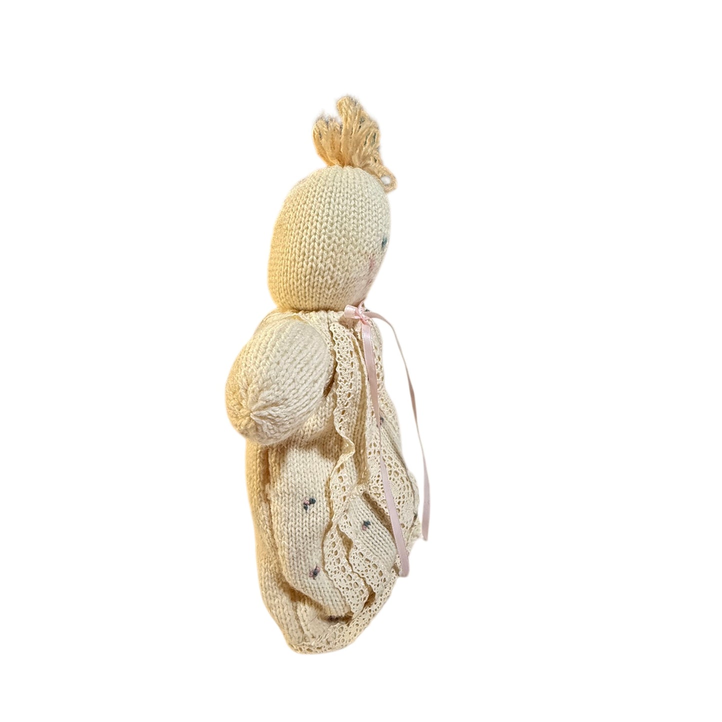 Exquisite Hand Knit Baby Doll in a Dainty Dress with Crocheted Lace, Ribbon & Embroidered Flowers