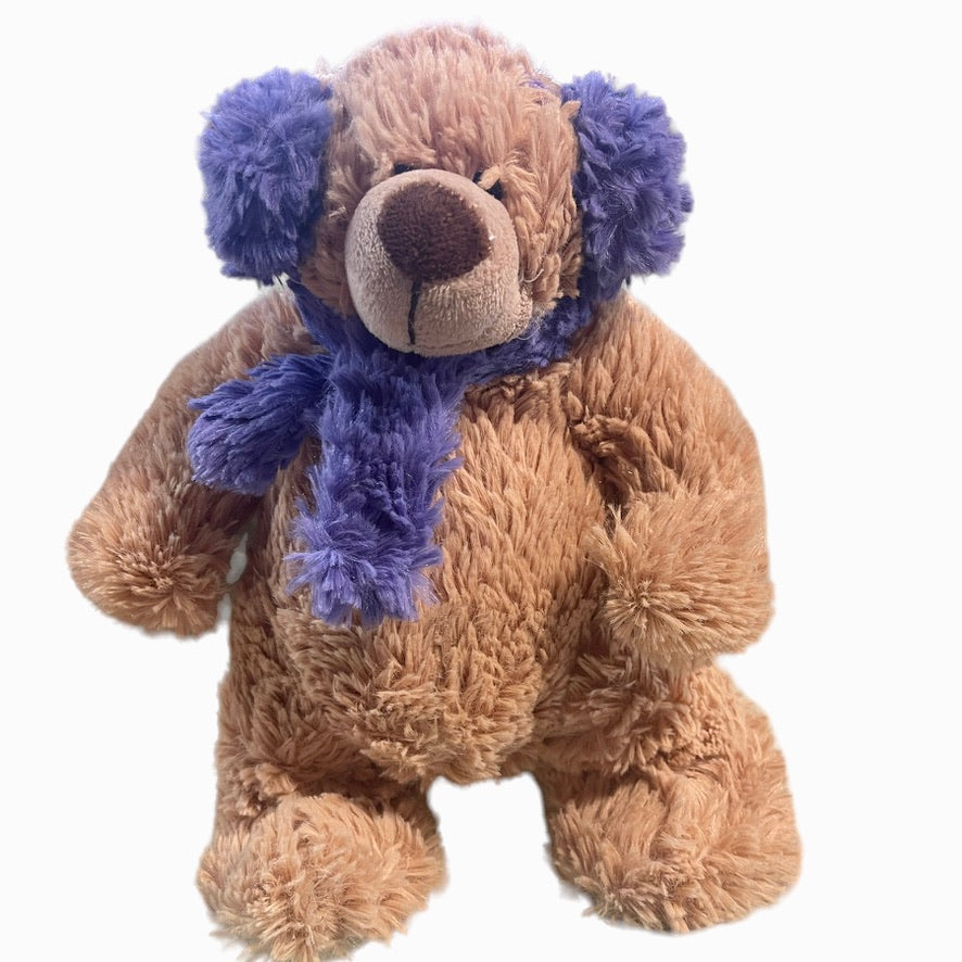 Beverly Hills Teddy Bear Company 11" Fluffy Tan Stuffed Bear with Purple Ear Muffs and Scarf