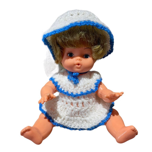 Vintage Blue Box Made in Hong Kong Drink & Wet Baby Doll in Knit White & Blue Outfit