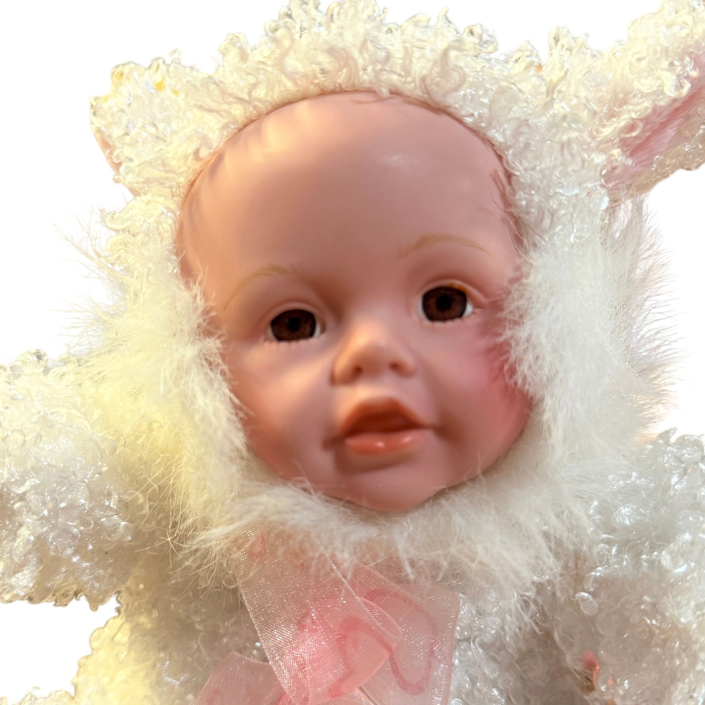 Adorable 8" Seated Bunny Baby Doll, Vinyl Face, Brown Eyes & Curly White Body, Pink Accents