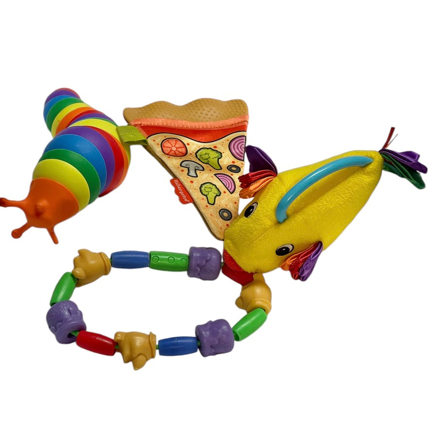 SensoryTeething & Fidget Toys including Fisher Price Pizza, Disney Winnie Teether &Rainbow Slug