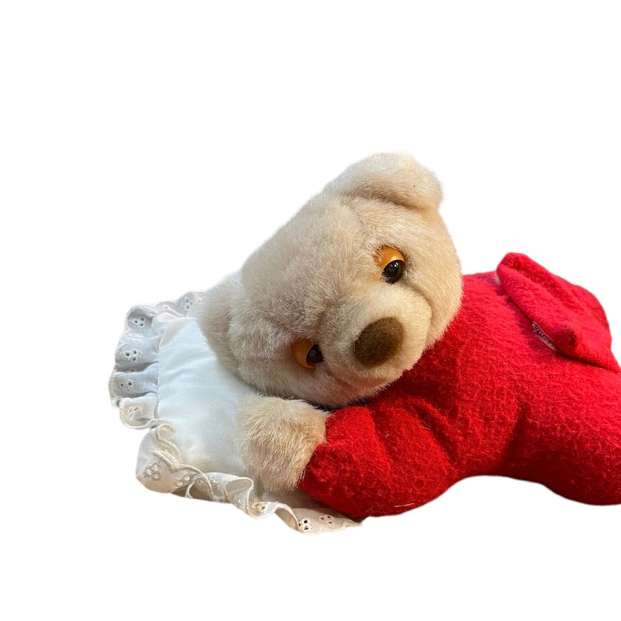 Ultra Cuddly Vintage Sleepy Teddy Bear, Red Drop Seat PJ's, Eyelet Pillow NT