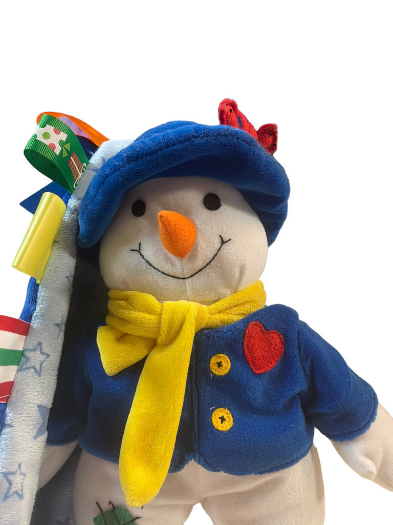 White Stuffed Snowman in Blue & Yellow with Patches and a Blue Starres Ribbon Tug