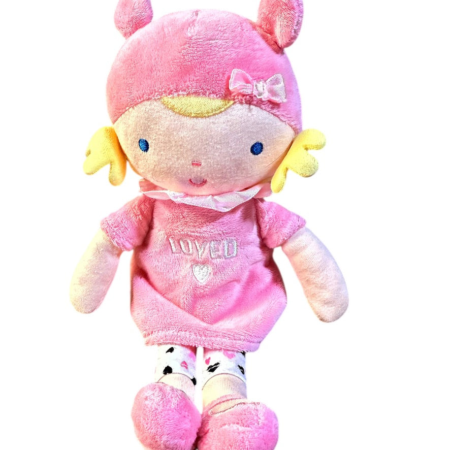 Carter's Child of Mine Plush 11" Baby Doll, Stitched Features, Yellow Hair, Dainty Pink Clothes
