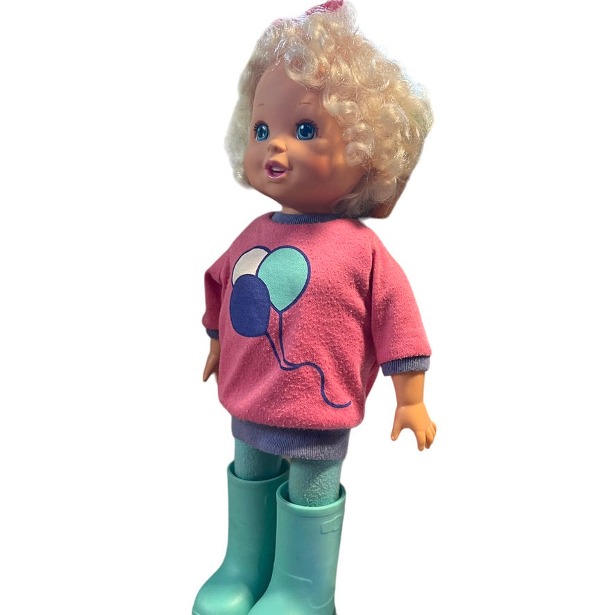 Baby Grows Doll, Vintage 1987 Blue Eyed Blond in her Original Outfit Complete with Aqua Boots