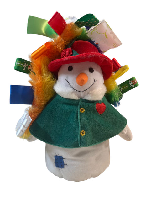 Snowman, Weighted Flat Bottom with Green Velvet Cape, Carrot Nose & Rainbow Tug