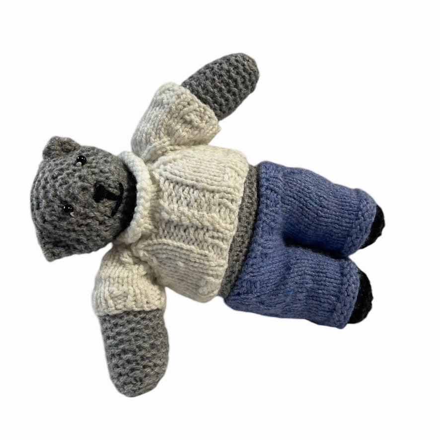 Hand Knitted/Crocheted Overstuffed 9.5" Grey Bear in Cream Knit Sweater and Blue Knit 'Jeans'