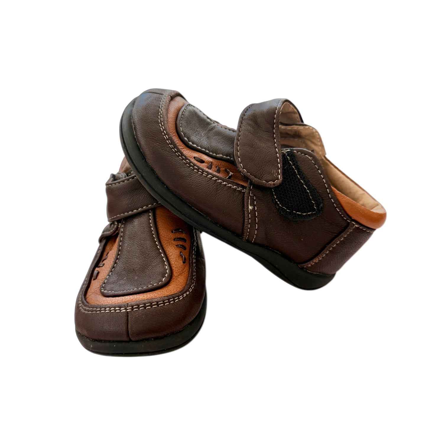Leather Size 7 Shoes, Cognac & Chocolate Brown with Decorative Stitching Hook & Loop Closure
