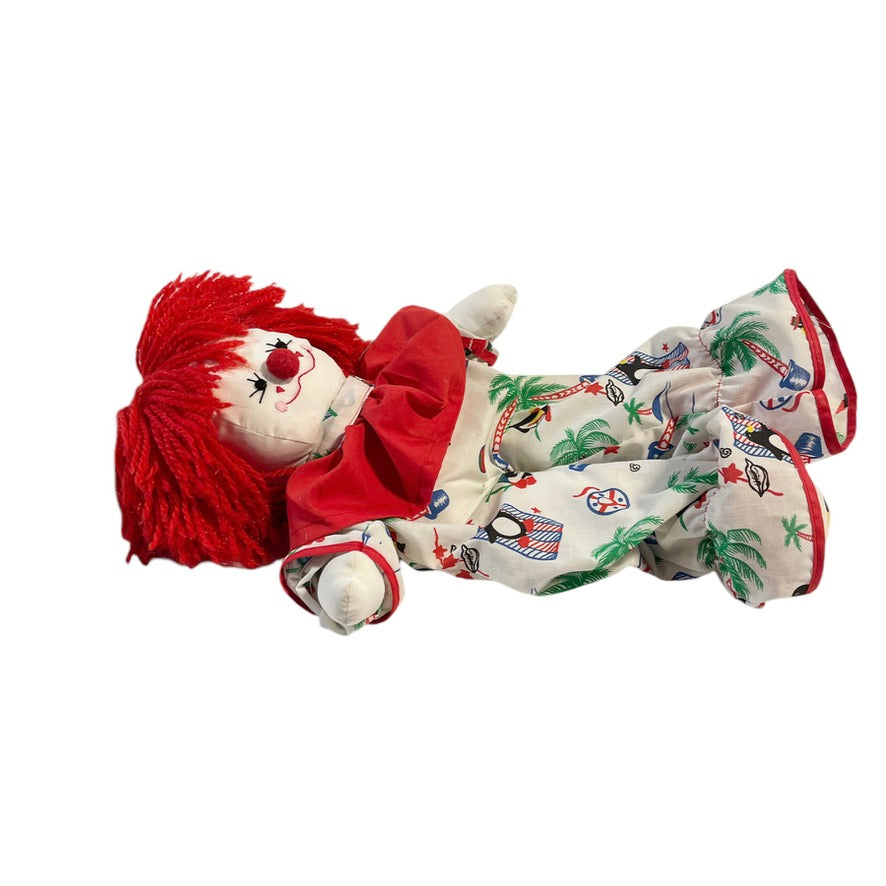 Vintage Clown, Red Yarn Hair & Detailed Embroidered Face, Print Suit with Red Ruffle 17" GUC