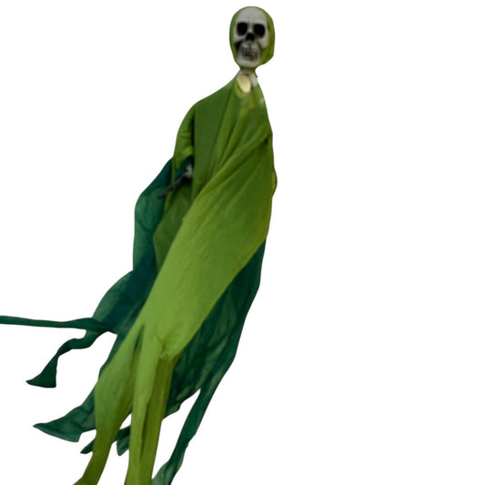 Floating Ghoul,  Skeletal Hands &  Bony Bleached  Skull in Tattered Green Shroud, Preowned