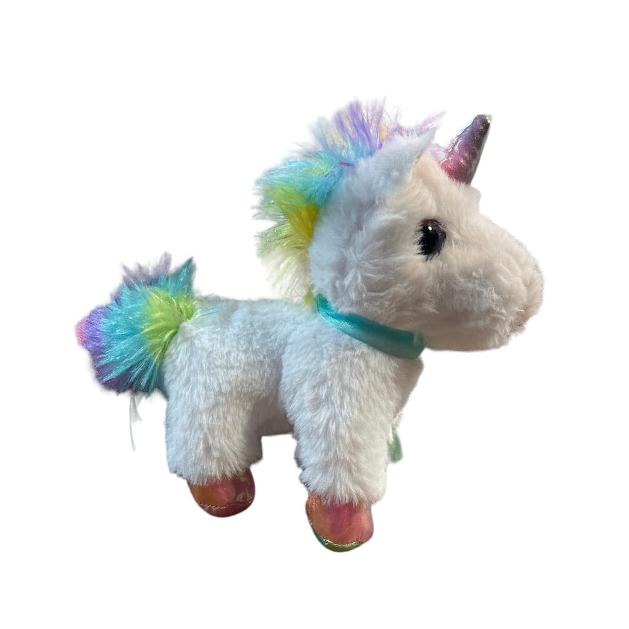 7" White Unicorn Stuffed Animal Plush With Rainbow Horn, Hooves, Ears and Tail