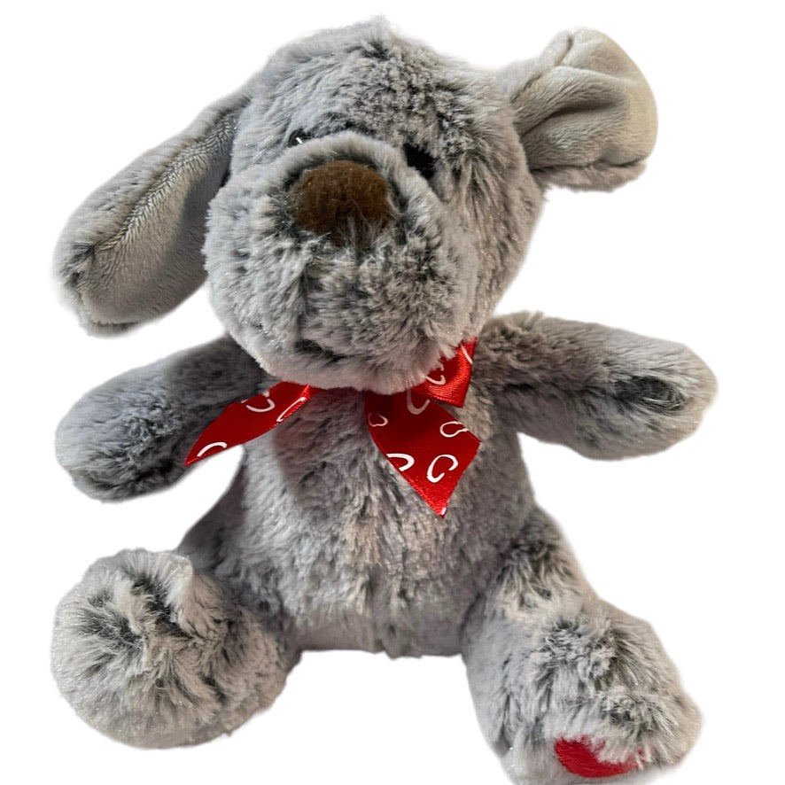 Frosted Grey Sitting Puppy Dog Red Heart & Valentine Bow 7" Button Eyes